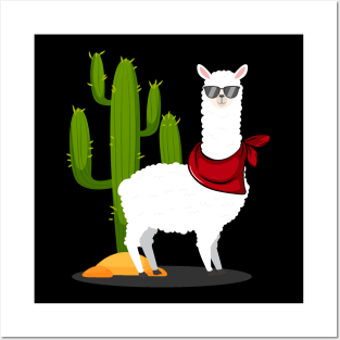 'Llama with Scarf and Cactus' Alpaca Llama Trendy Posters and Art